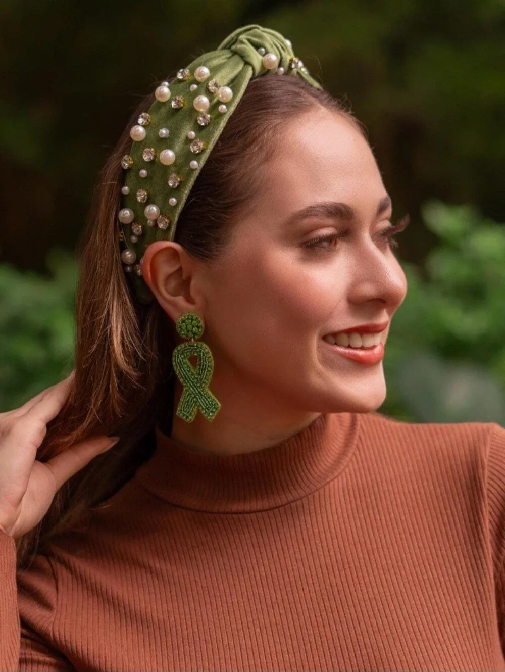 Embellished Olive Green Pearl & Crystal Knotted Headband -